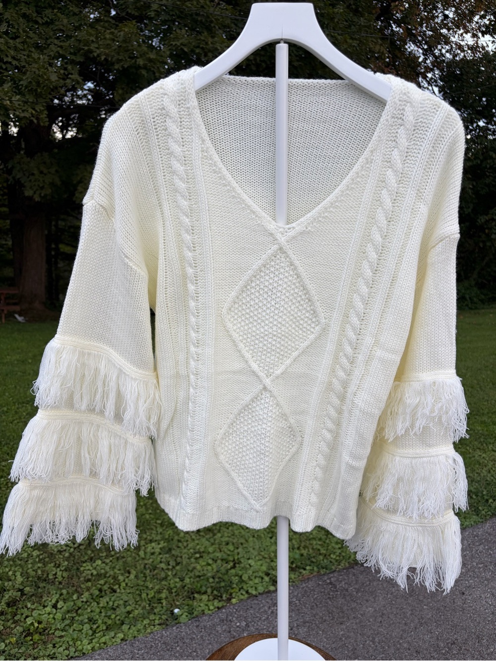 Fringe Sleeve V-Neck Cable Knit Sweater - Cream